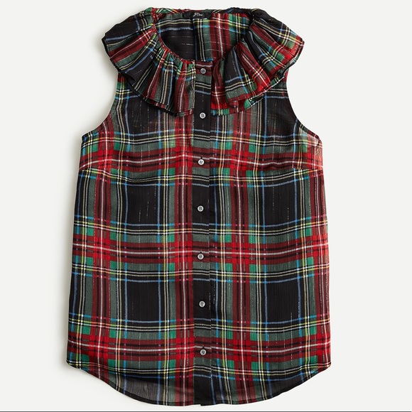 J.Crew Sleeveless Ruffle-Collar Top Black Tartan - Picture 2 of 4